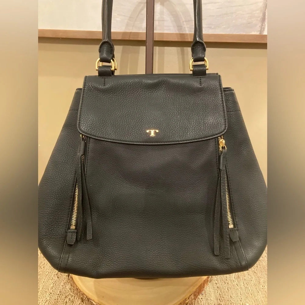 TORY BURCH Half-Moon Leather Satchel Tote Purse Handbag‎ Black Leather